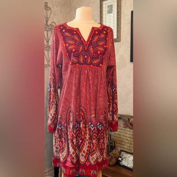 🆕NWOT🌻BOHO PAISLEY DRESS🍁Notch Neck❤️Brick Red Base Size Large - Picture 10 of 11